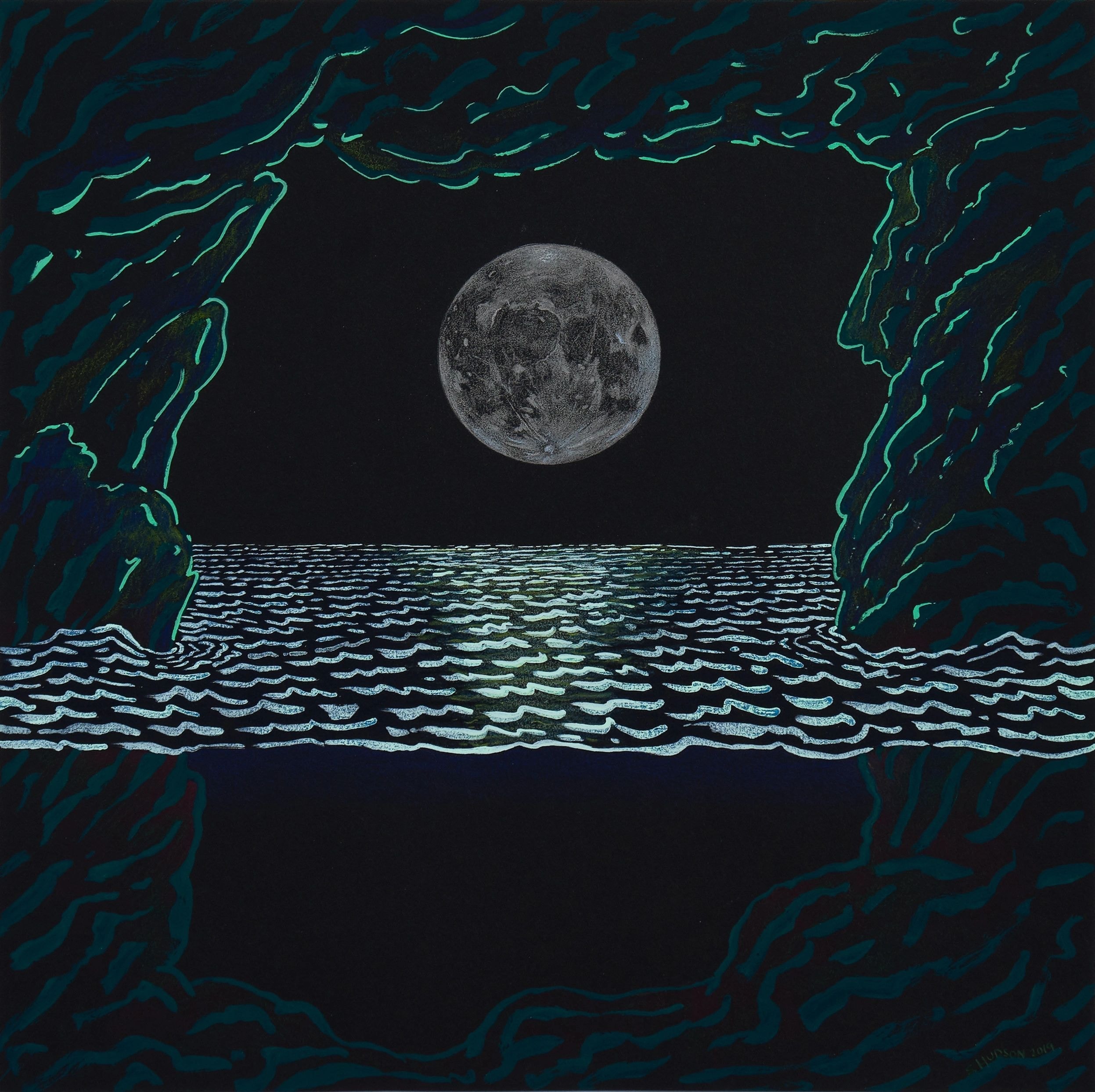 Moonrise Over Water — mixed media painting
